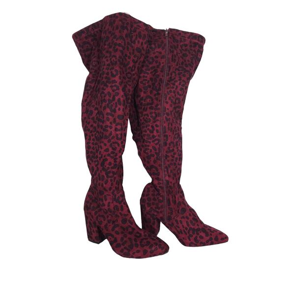 Torrid Womens Over The Knee Boots 10.5 WW Burgundy Red Leopard Print Pointed Toe - Picture 1 of 9